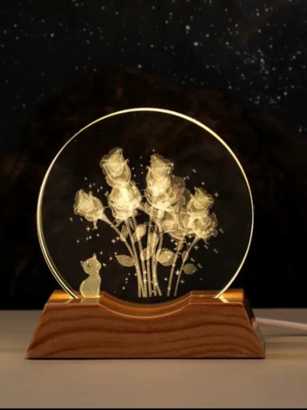 LED Illuminated Glass Rose Sculpture Night Light - Gold